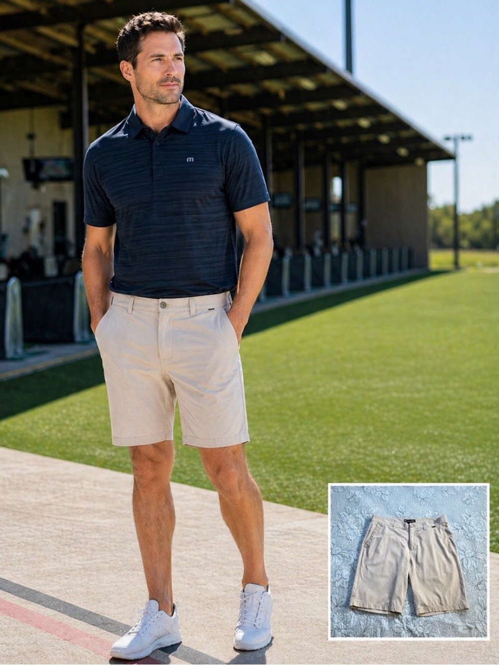 Travis Mathew Performance Golf 11” Shorts Beige Stretch Flat Front Sz 34🧡